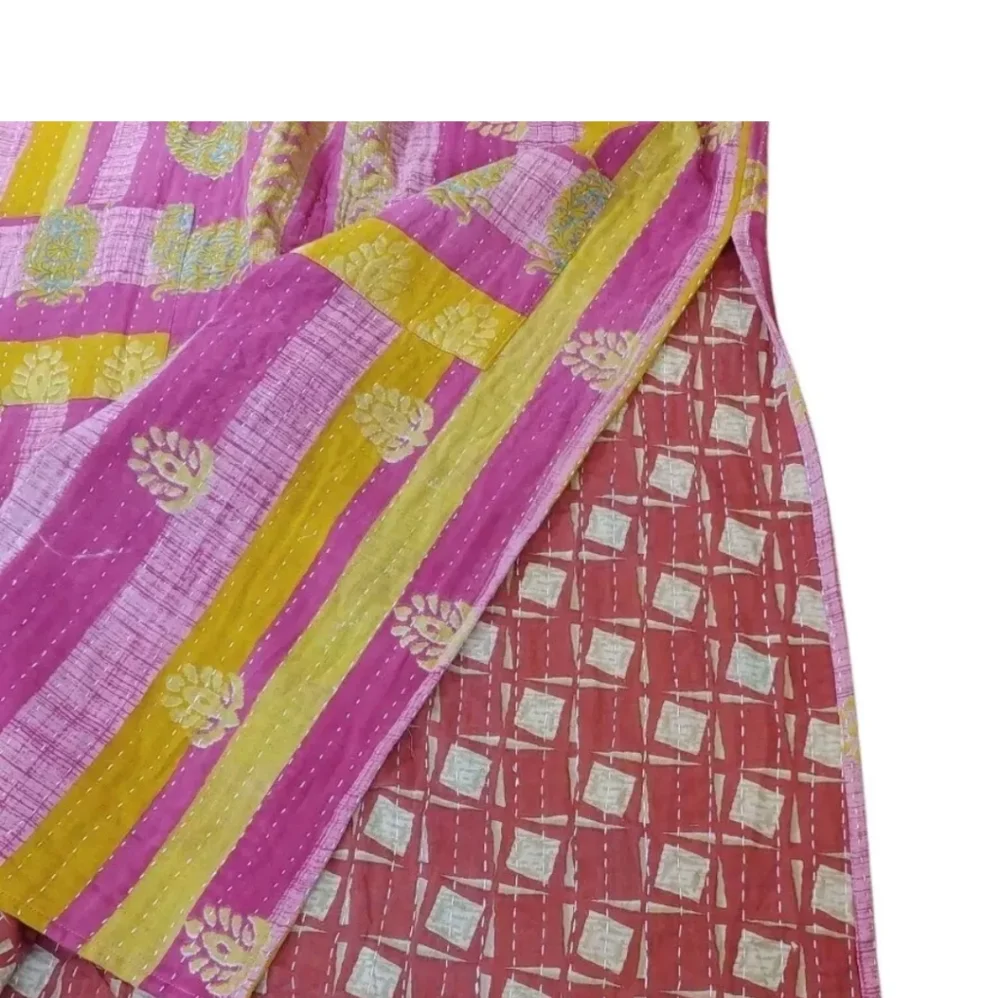 Kantha Patchwork Kimono Tunic Poncho Top Colorful Patch Pockets Woman One Sz #C